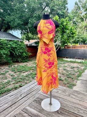2000s Sue Wong Tropical Floral Silk Bias Cut Midi Dress